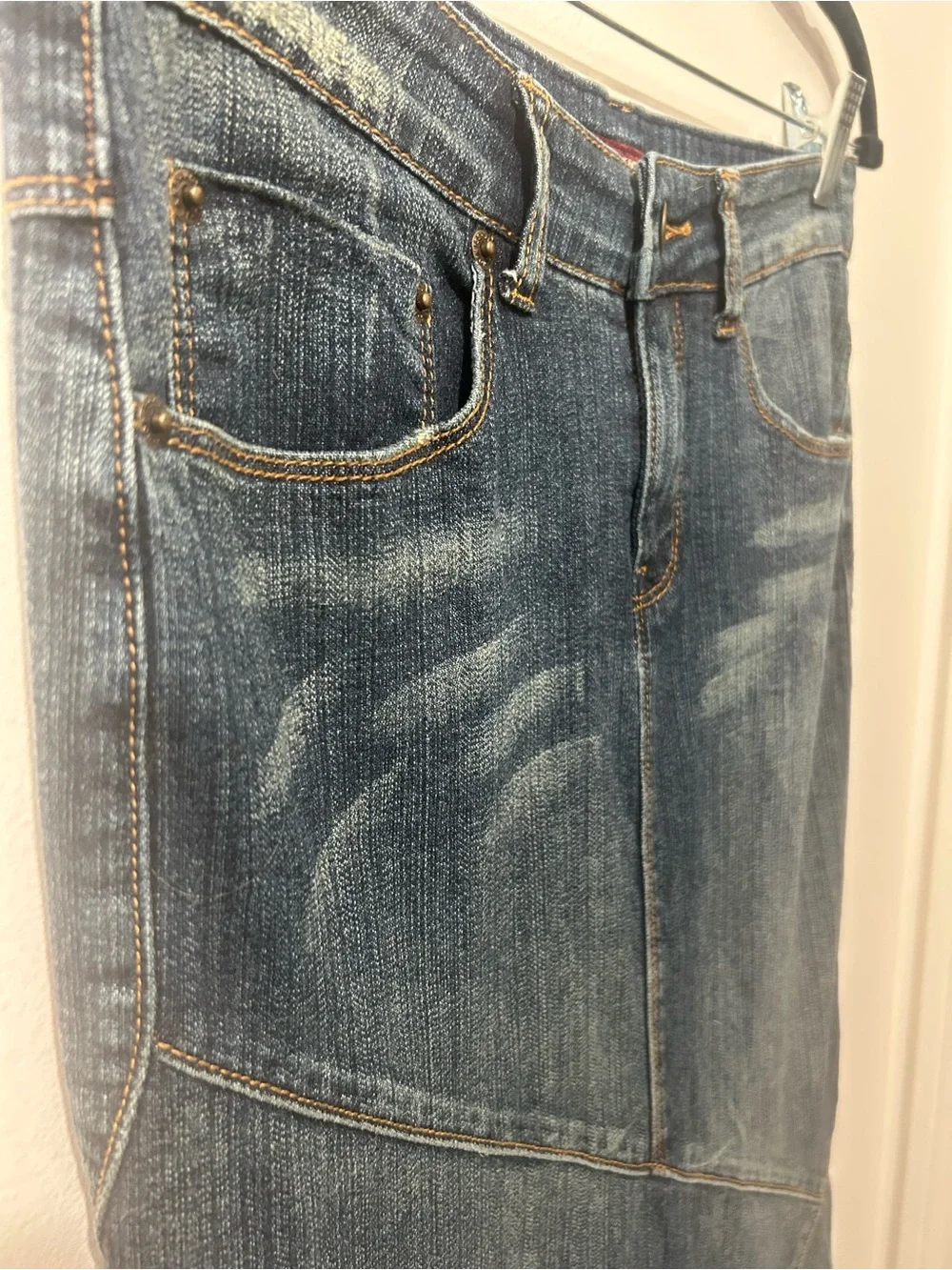 Vintage Y2K Hot Kiss Denim Maxi Jean Skirt Low Rise Mermaid Patchwork Stretch